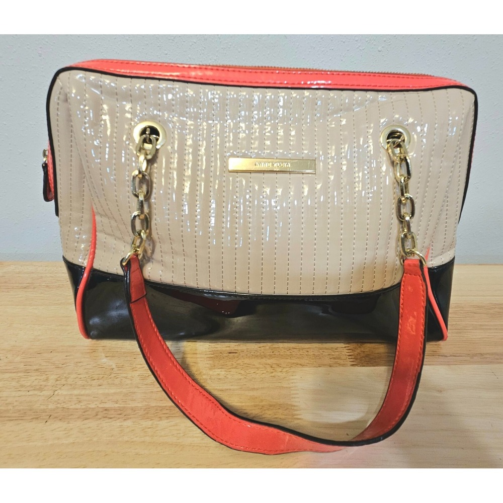 Anne Klein Shoulder Bag Women Beige Black Coral Excellent Patent Quilted Satchel